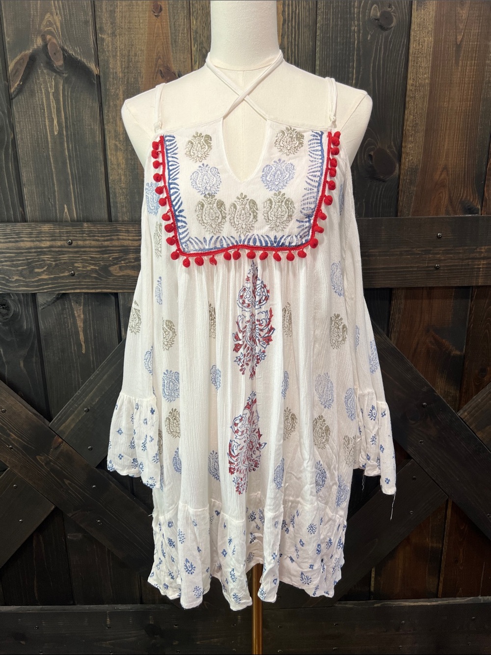 Bluette White Boho Tassel Crinkle‎ Tunic Mini Dress S Off Shoulder Bell Sleeve